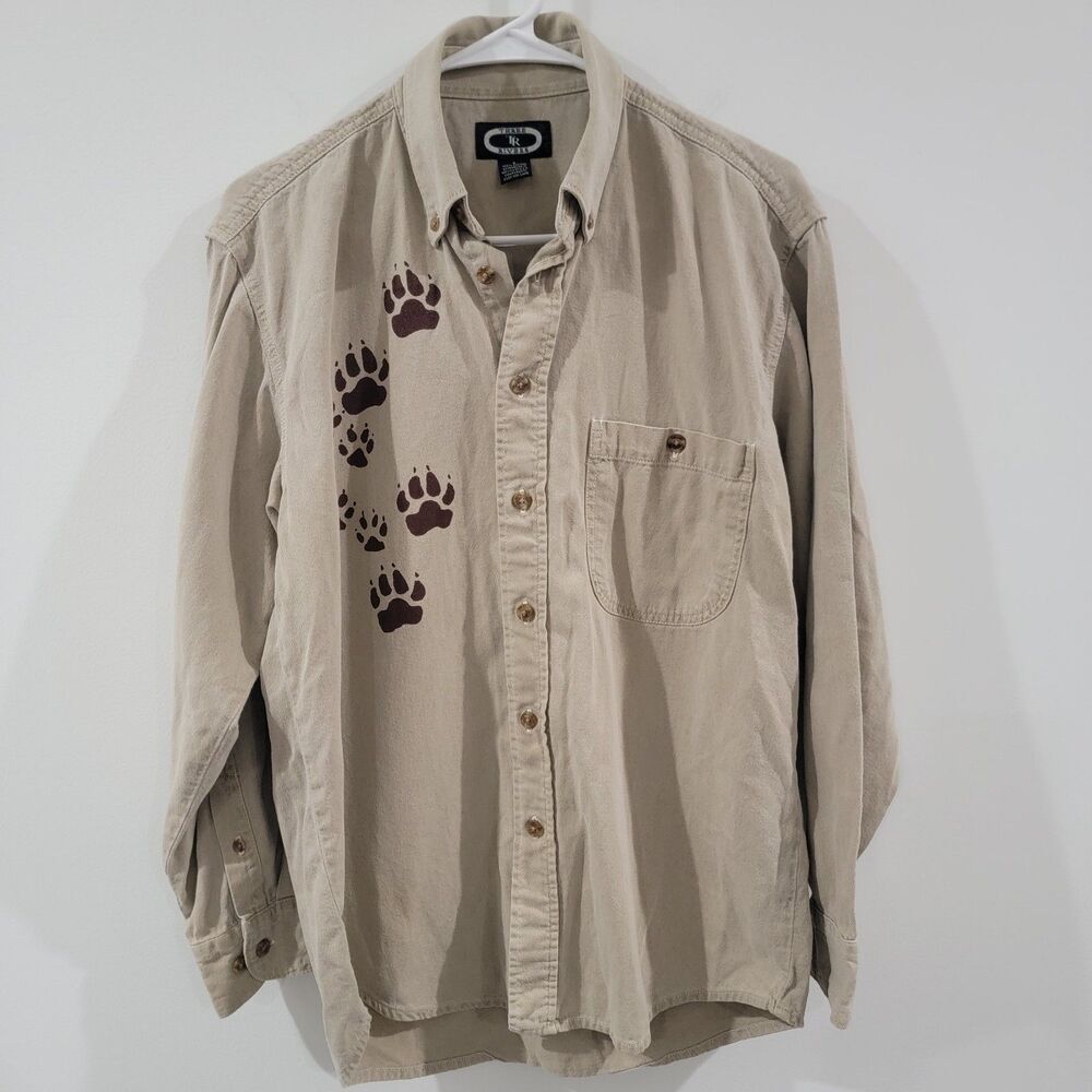 Vintage Mens Button Up Shirt Size Small Cotton Beige Dog Prints Labrador Outdoor - Picture 1 of 7